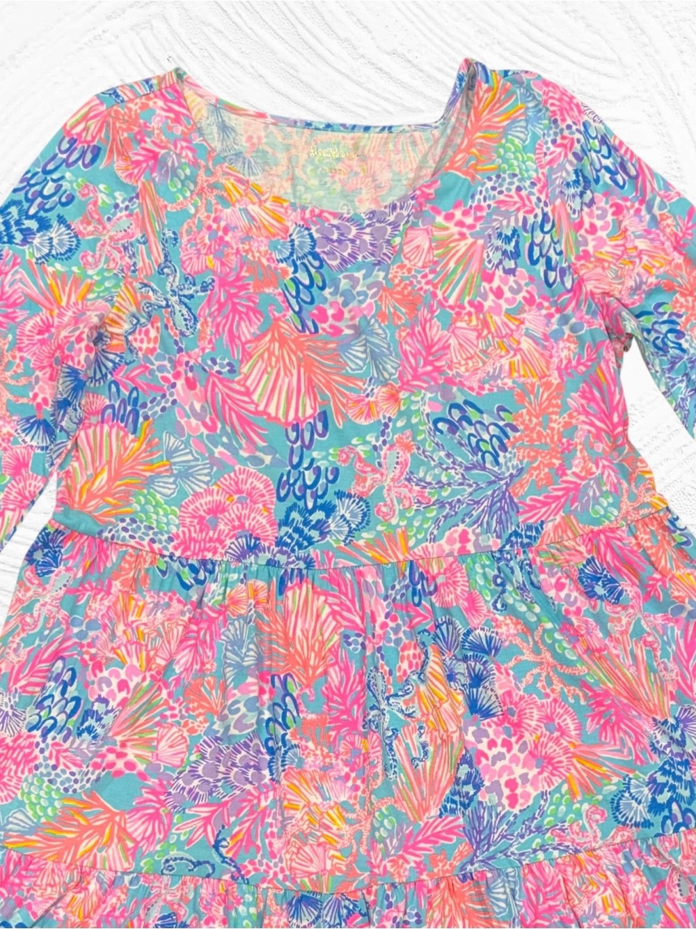 Lilly Pulitzer‎ XL  Geanna 3/4 Sleeve Swing Dress Coastal Coral Tiered Cotton - Picture 2 of 5